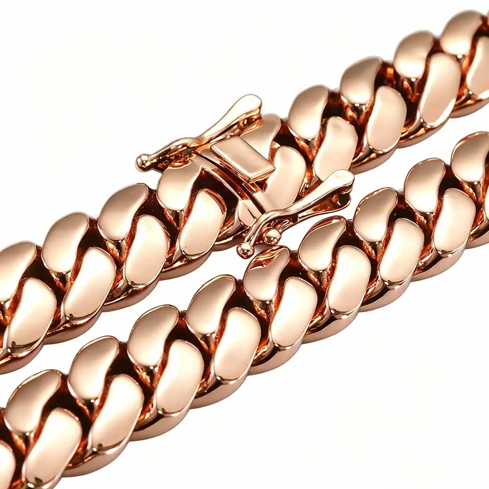 

ESKEEM 12mm 15mm 22mm Cuban Necklace Rose Gold Plated Smooth Brass Cuban Link Chain Bracelet Hiphop Jewelry Men Women Gift