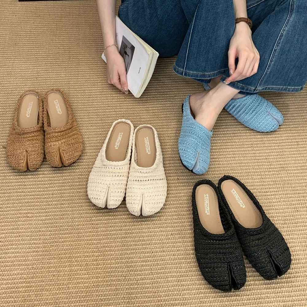 

Women's Hollow Out Weave Mules Round Closed Toe Slip on Slippers Sandals Summer Vacation Flat Shoes Casual Slides