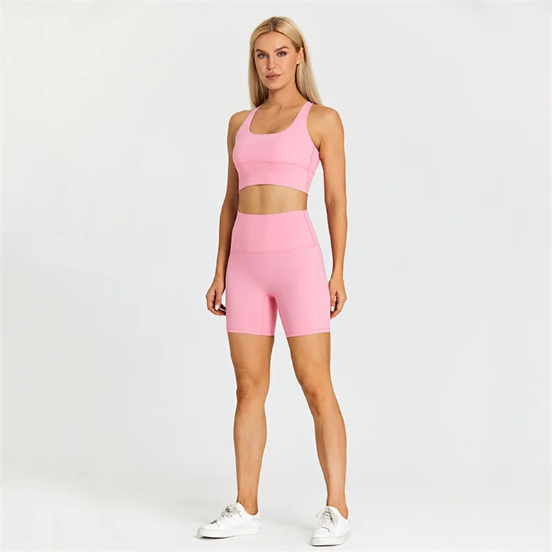 Solid Color Women Sports Suit High Waist Shorts And  Fitness Bra 2pcs Short Legging Yoga Set Gym Workout Training With Chest Pad