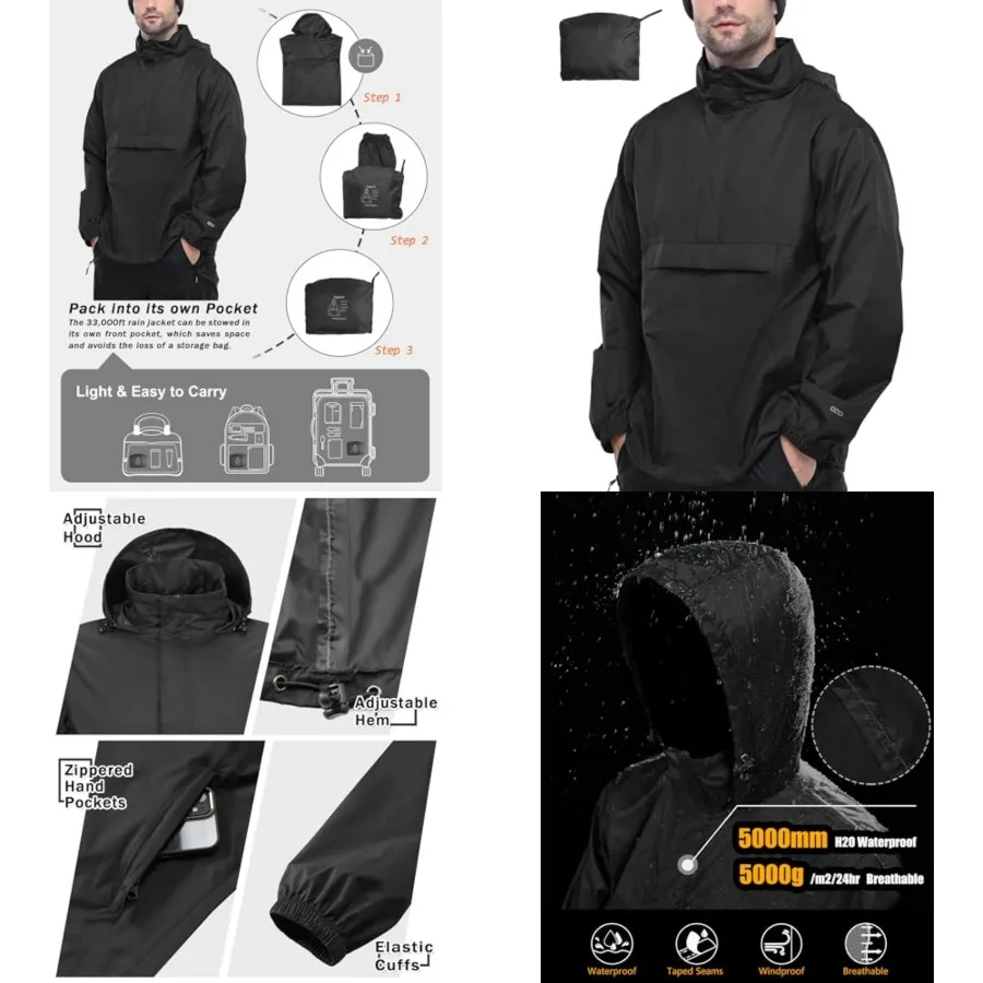 

33, 000Feet Men's Pullover Rain Jacket Waterproof with Hood Lightweight Packable Raincoat Windbreaker for Golf Travel