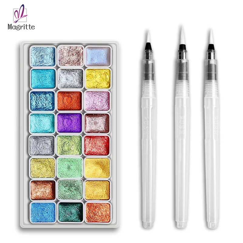 24 Colors Metallic Watercolor Traveling Paint Set with 3pcs Water Pens,Sparkle Pearlescent Solid Paint for Painting,Writing