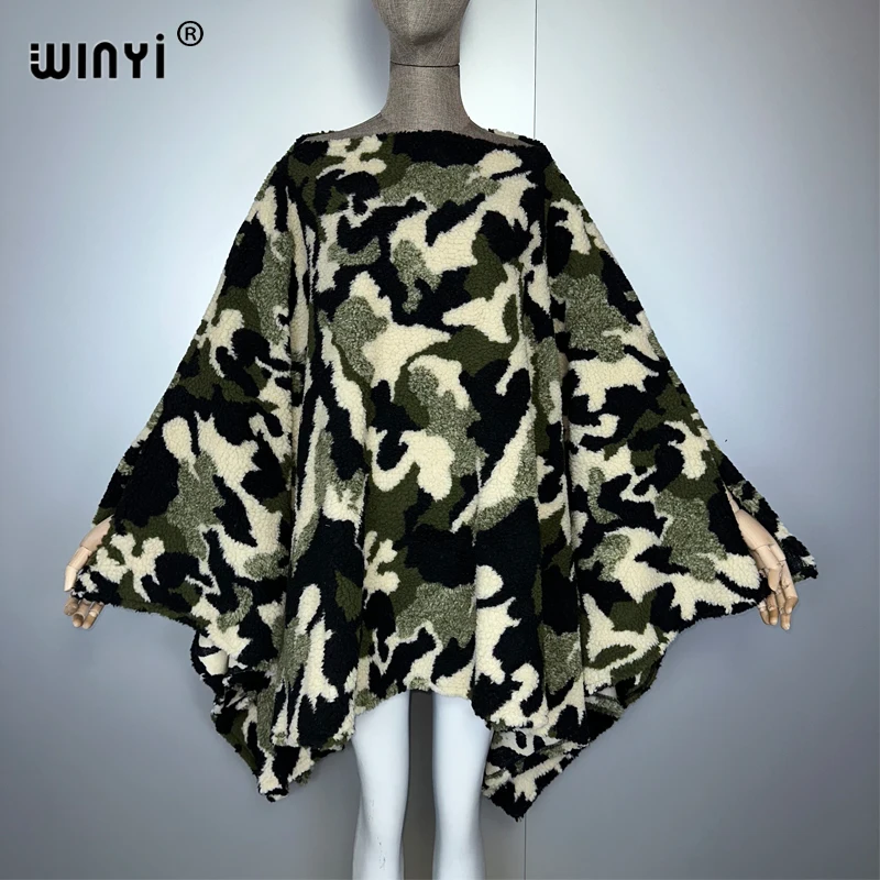 WINYI winter camouflage colour dress black fashion cape Holiday dress Elegant party winter ponchos for women Leopard print cloak