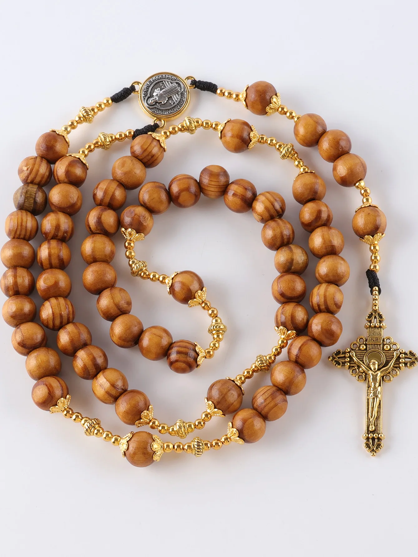 2025 New 1 Piece Vintage Catholic Rosary Jewelry 59 Pieces 10mm Wooden Bead Cross Necklace, Handmade
