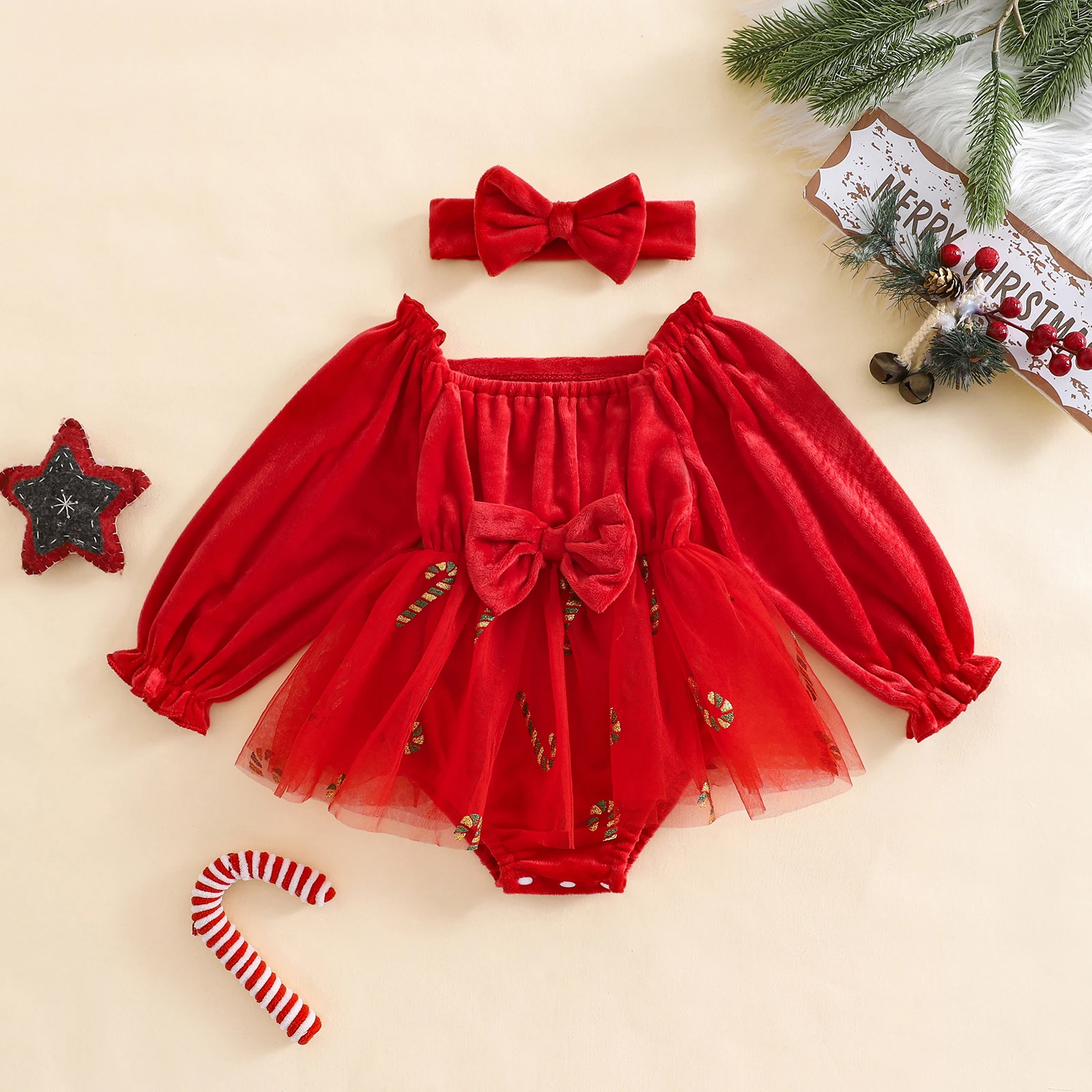 

SUNSIOM Baby Girls 2Pcs Romper Dress Christmas Outfits Long Sleeve Candy Cane Embroidery Tulle Skirt with Headband Sets Clothes