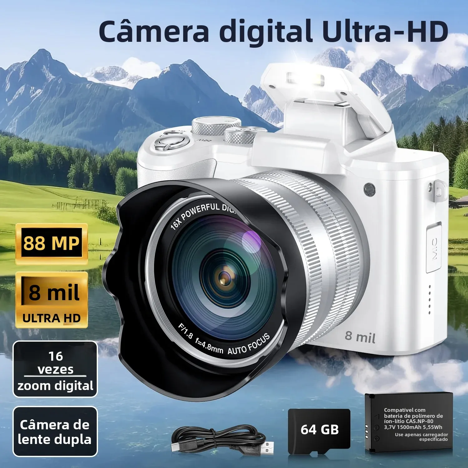 Câmeras digitais selfie 8k para fotografia, autofoco, 88mp, wi-fi, profissional, zoom digital 16x, tela sensível ao toque, câmera com lente dupla