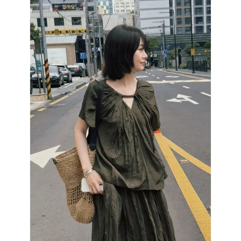 Women Pleated Blouse Short Sleeve, V Neck Loose Shirt Summer, 2026 Korean Elegant Commuter Solid, Color Polyester Top
