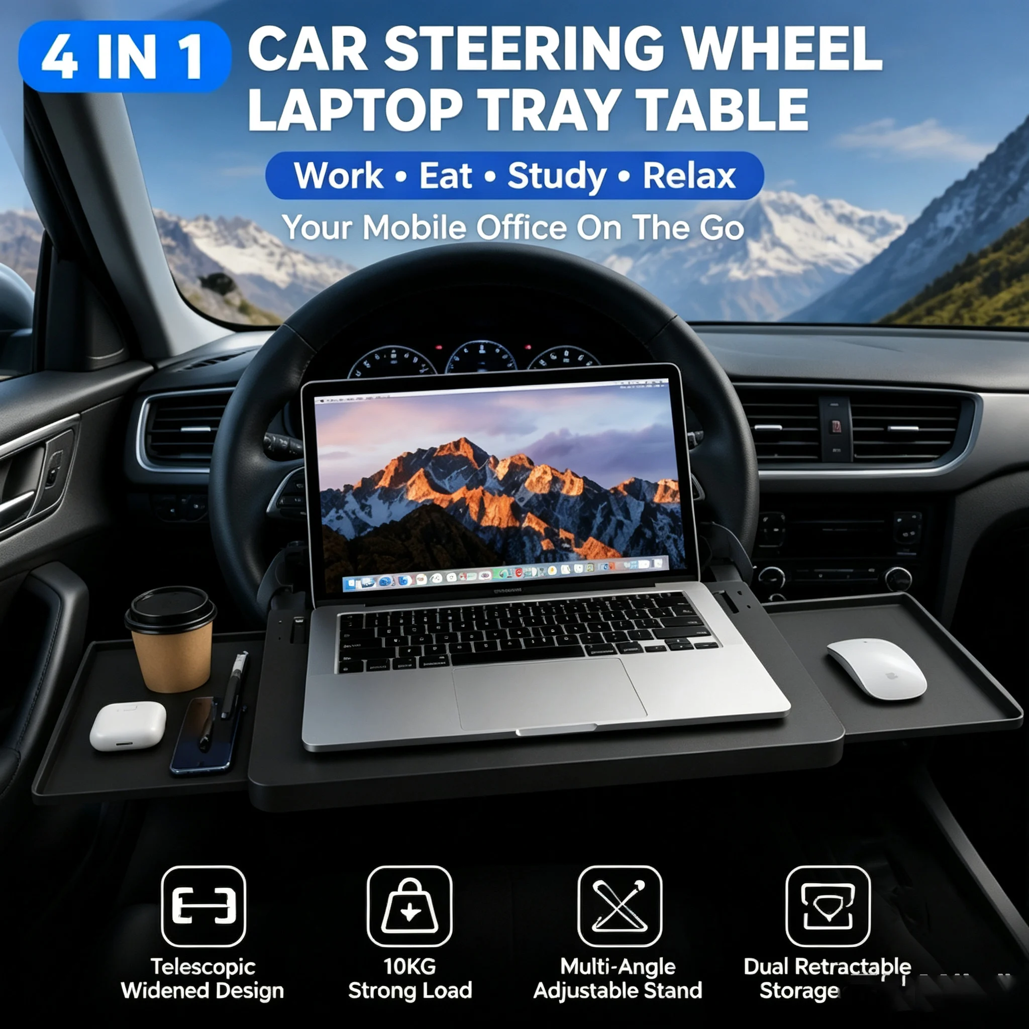 4 IN 1 Telescopic Extendable Car Steering Wheel Laptop Tray Table Load Desk with Dual Retractable Side for Laptop Eating