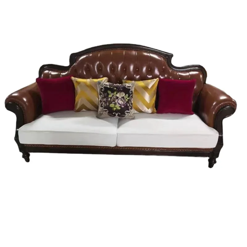 Leather leather sofa villa living room full solid wood three-person solid wood furniture first layer cowhide