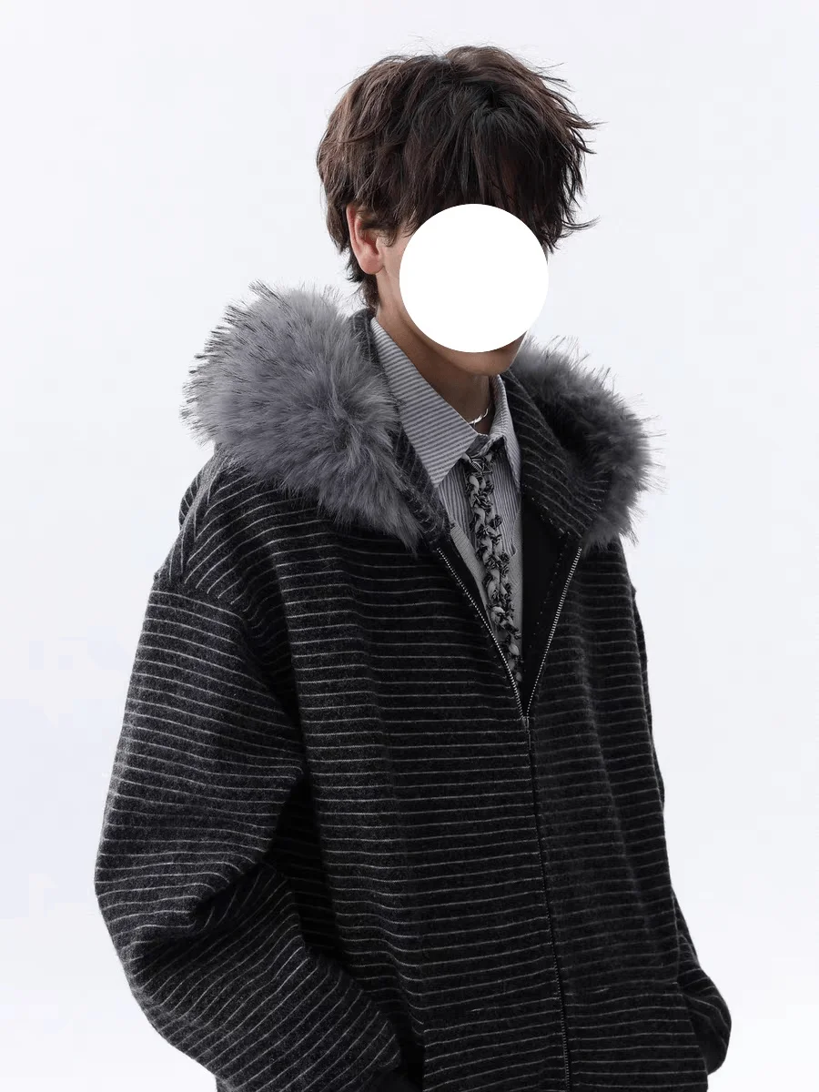 

Cleanfit Men's Hooded Zipper Cardigan Sweatirt Removable Fur Collar Casual Stripe Jaet Loose Fit Autumn Winter Coat