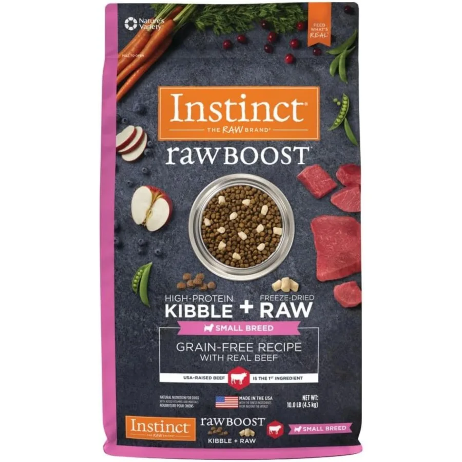 

Натуральный сухой корм для собак Raw Boost Small Breed с сублими и сублими кусочками, высокий белковый зерновой рецепт - настоящая говядина, 10 фунтов. Сумка