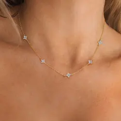 Thin Chain Small Flower Necklace For Women Fashion Green Zircon Blue Flowers Pendant Charm Short Choker Clavicle Chain Jewelry