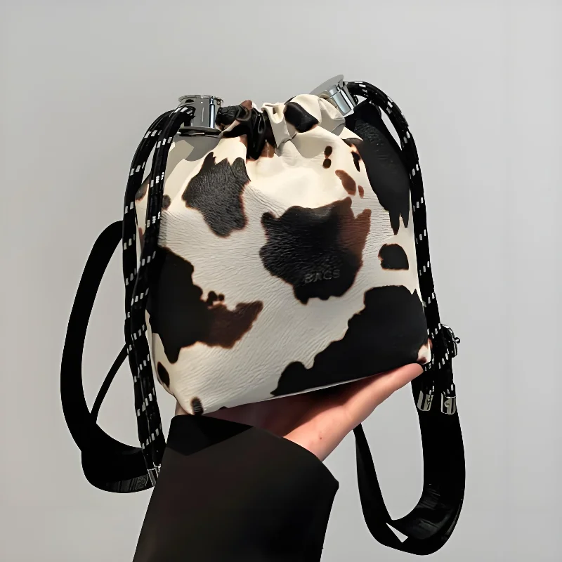 

New Cow Pattern Women's Bag Fashion Drawstring Bucket Bag Texture Brand Design Crossbody Bag Simple Versatile Cute Storage Bag