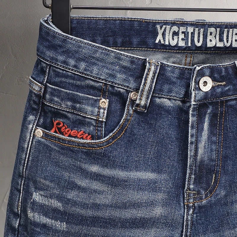 Fashion Designer Men Jeans High Quality Retro Blue Stretch Slim Fit Embroidery Patched Ripped Jeans Men Vintage Y2K Denim Pants