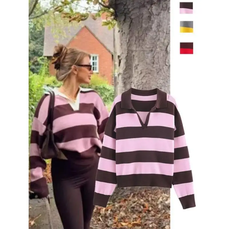 American Retro College Style Contrasting Color Striped V-shaped POLO Shirt Lapel Knitted Sweater Casual Versatile Slim Top Ins