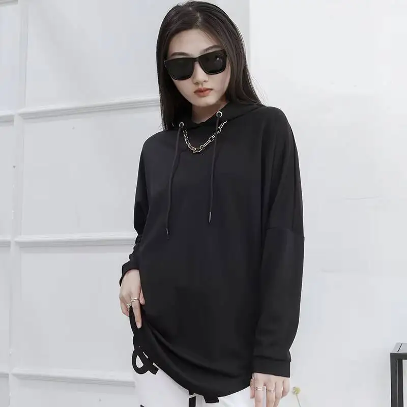 Ladies Hooded Pullover Hoodie Spring And Autumn New Pullover Bat Sleeve Bucket Solid Color Casual Loose Large Size Hoodie