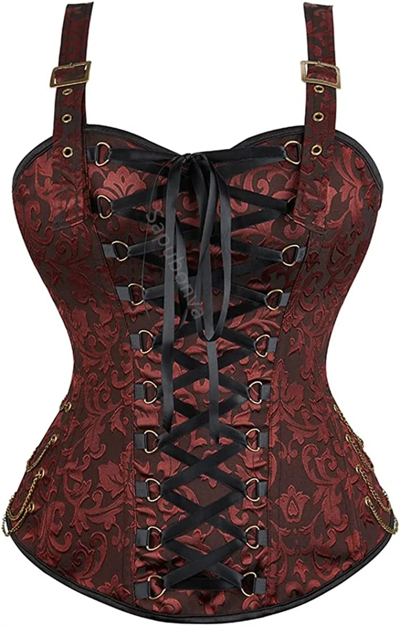 Sapubonva Brown Corset Top with Straps Pirate Steampunk Plus Size Vintage Jacquard Women Victorian Gothic Costume Renissance Red