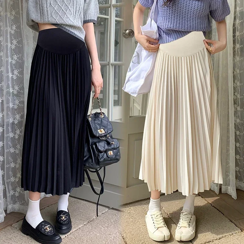 Summer Fashion Pleated Chiffon Maternity Skirts Elastic Waist Belly Bottoms Clothes for Pregnant Women A Line Casual Pregnancy