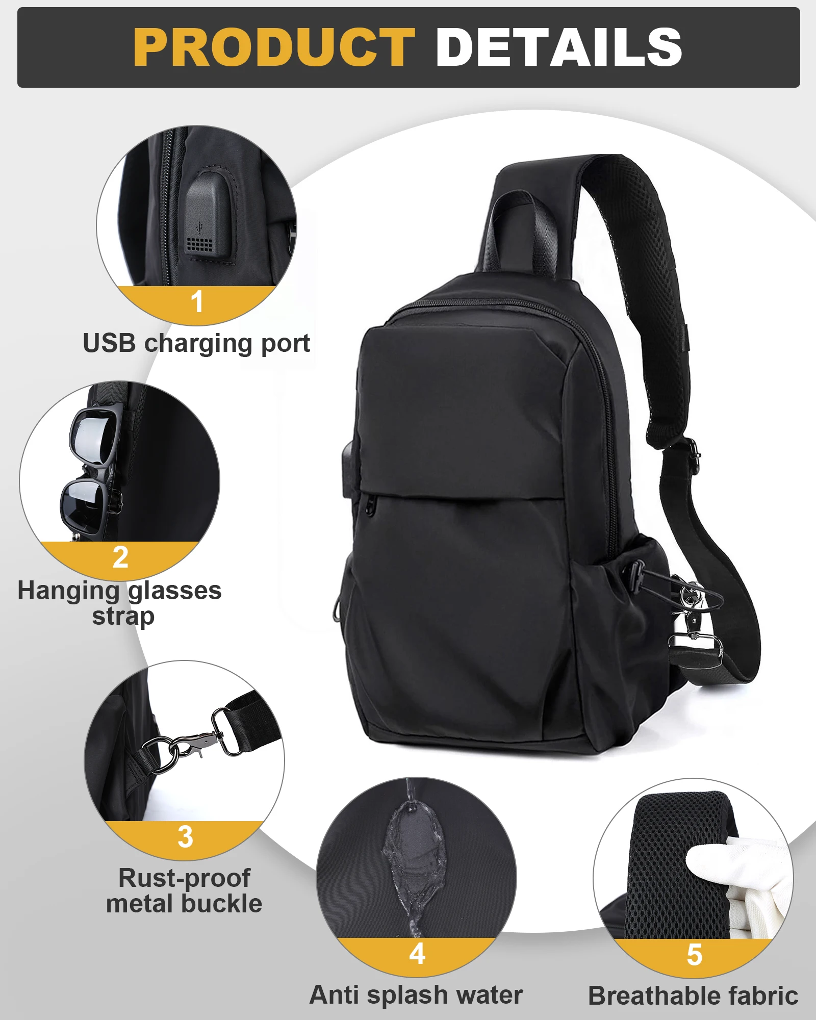 حقيبة ظهر رجالية متعددة الوظائف ، حقيبة كروس بودي ، حقيبة صدر ، حقيبة شارع ، حقيبة كتف متقاطعة كاجوال ، أسود ، علامة تجارية عصرية #2