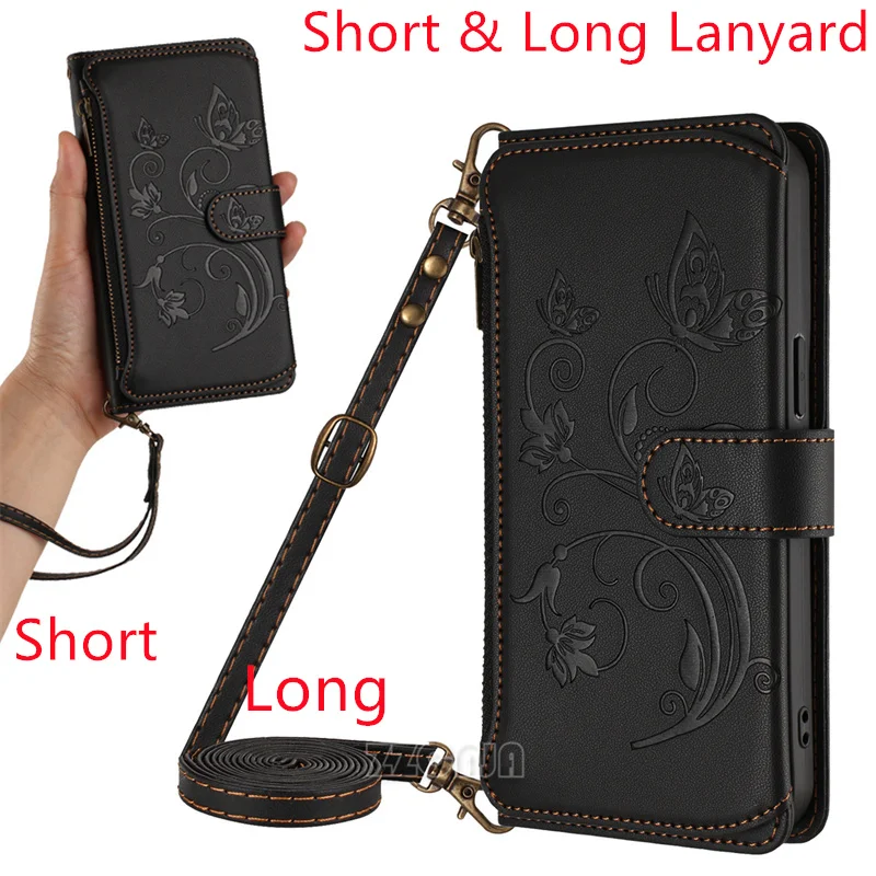 

Butterfly Flowers For Samsung Galaxy S24 FE S25 Edge S23 Ultra S22 S21 Plus Case Leather Stand Card Slots Zipper Wallet Lanyard