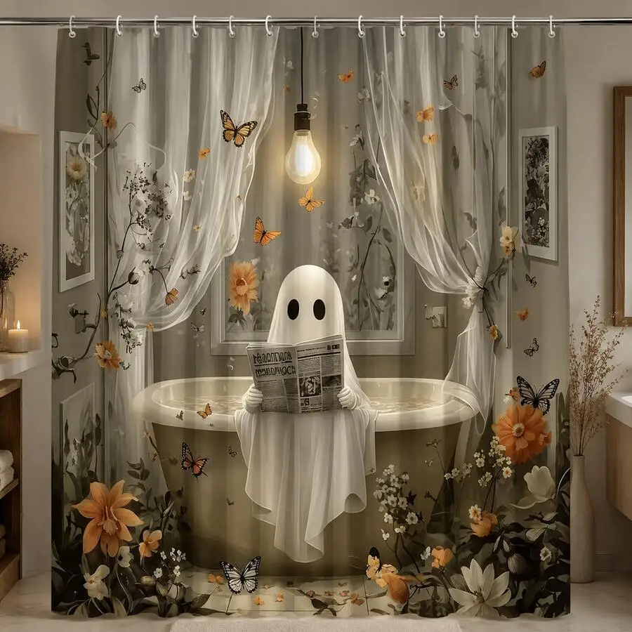 Cute Ghost Shower Curtains, Floral Butterfly Printing Shower Curtain For Bathroom, Halloween Decor, Fall Home Decor, Funny Ghost Bathroom Decor, Vintage Bathtub Art, Cottagecore Home Accessories, Spooky Season Gifts For Women Friends, Floral Art