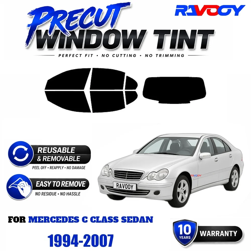 RAVOOY Precut Window Tint, Reusable Removable EPU Film, Custom Fit for Mercedes C Class Sedan 1994-2007, UV Heat Protection