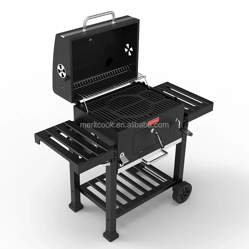 Parrillas de barbacoa de dos mesas de alta resistencia, rejillas de hierro fundido, carrito grande, ahumador, barbacoa de carbón, parrilla de barbacoa con asador opcional