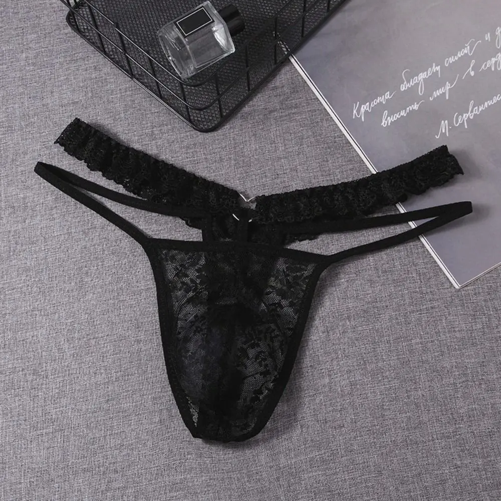 Low Waist Men's Lace Thong Thin Strap Transparent Mesh Sheer Panties Underwear Bulge Pouch T-back Briefs Men Anniversary