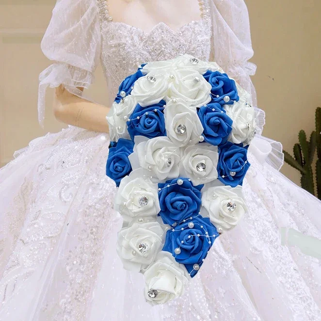 

1PC/LOT Waterfall Artificial Flowers Wedding Bouquet for Bride and Bridesmaid, Faux Pearl Rhinestone PE Rose Bouquet, Fake Flowe