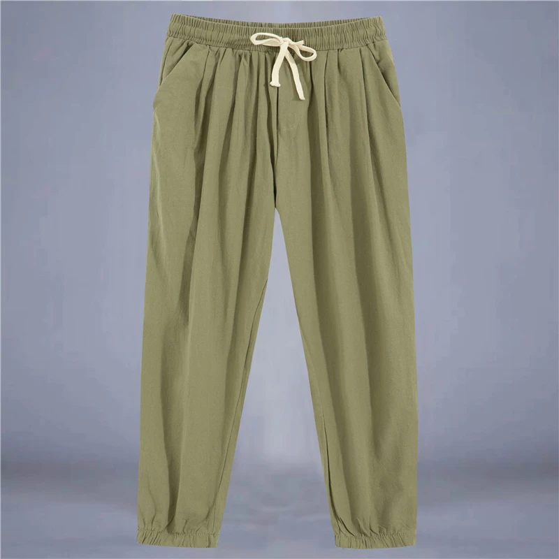 

Весенне-осенние мужские повседневные брюки из хлопка и льна свободного кроя, укороченные, в стиле Харадзюку, с эластичным поясом, однотонные, весна-лето