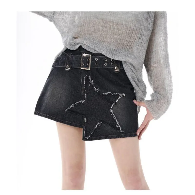 STSVZORR Y2K 2023 new summer women\'s retro stars denim half skirt high waist containing belt anti-slip A-line culottes