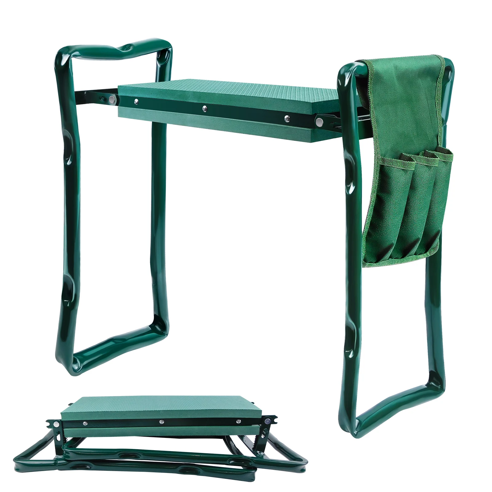 Banc de jardin pliable et rembourré en mousse EVA 2-en-1 avec poignées et sac à outils – Banc de jardin multifonctionnel