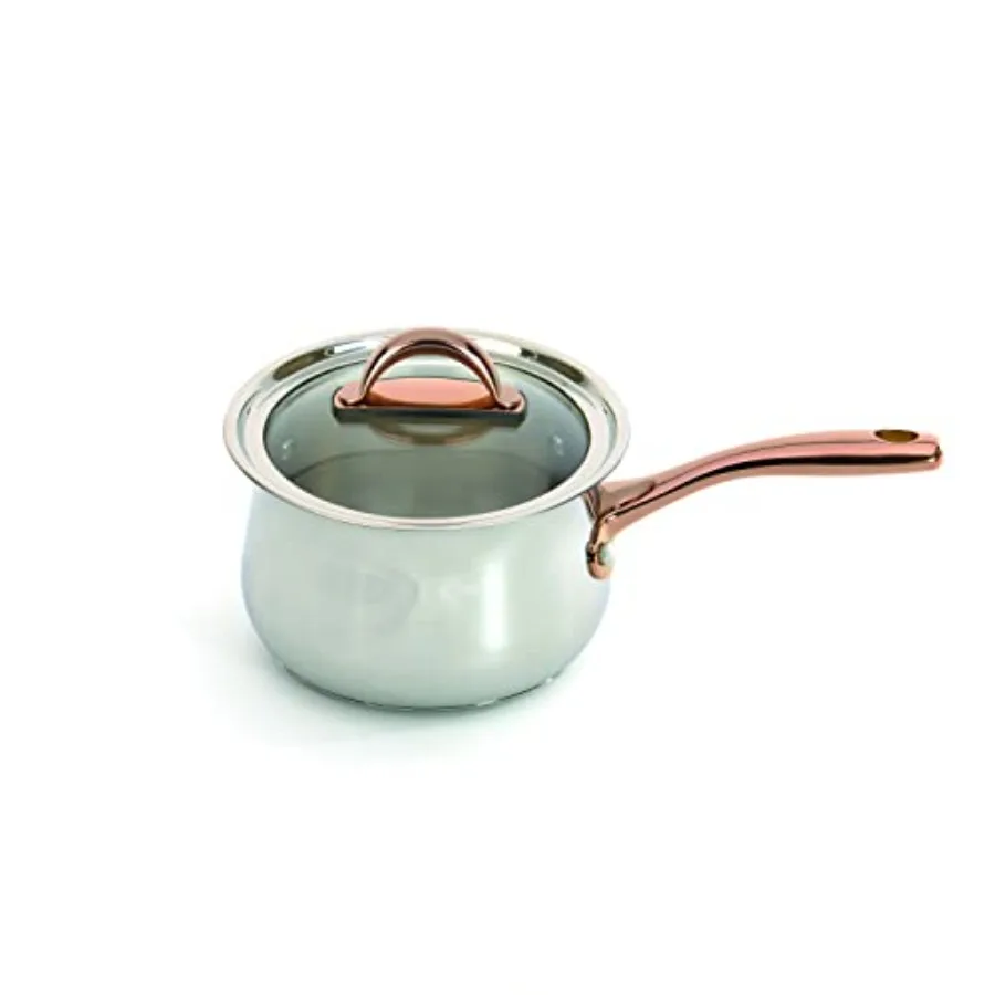 

Ouro Gold 18 10 Stainless Steel 6.25" Saucepan 2.4 Qt. with Glass Lid Rose Gold Handle PFOAfree Induction Cooktop Ready Even He