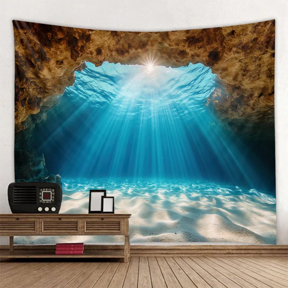 3D Printing Sunshine Underwater Landscape Tapestry Cave Wave Motif Living Room Bedroom Wall Hanging Decor Aesthetic Home Art