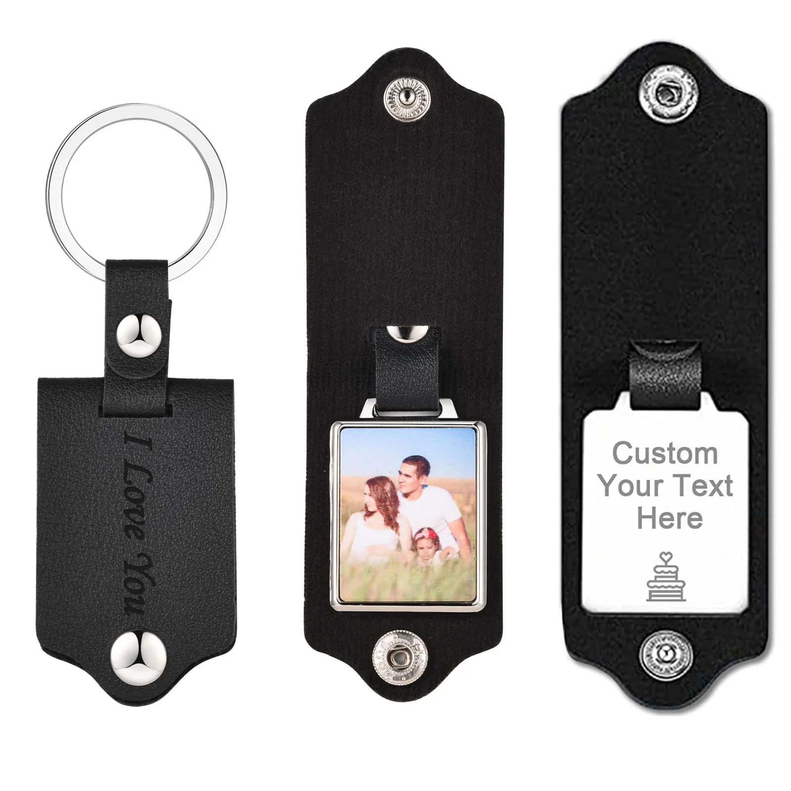 

Personalized Photo Picture Leather Keychain, Free Engrave Text Image On Keyring, Customizable Chains for Husband Dad Gift