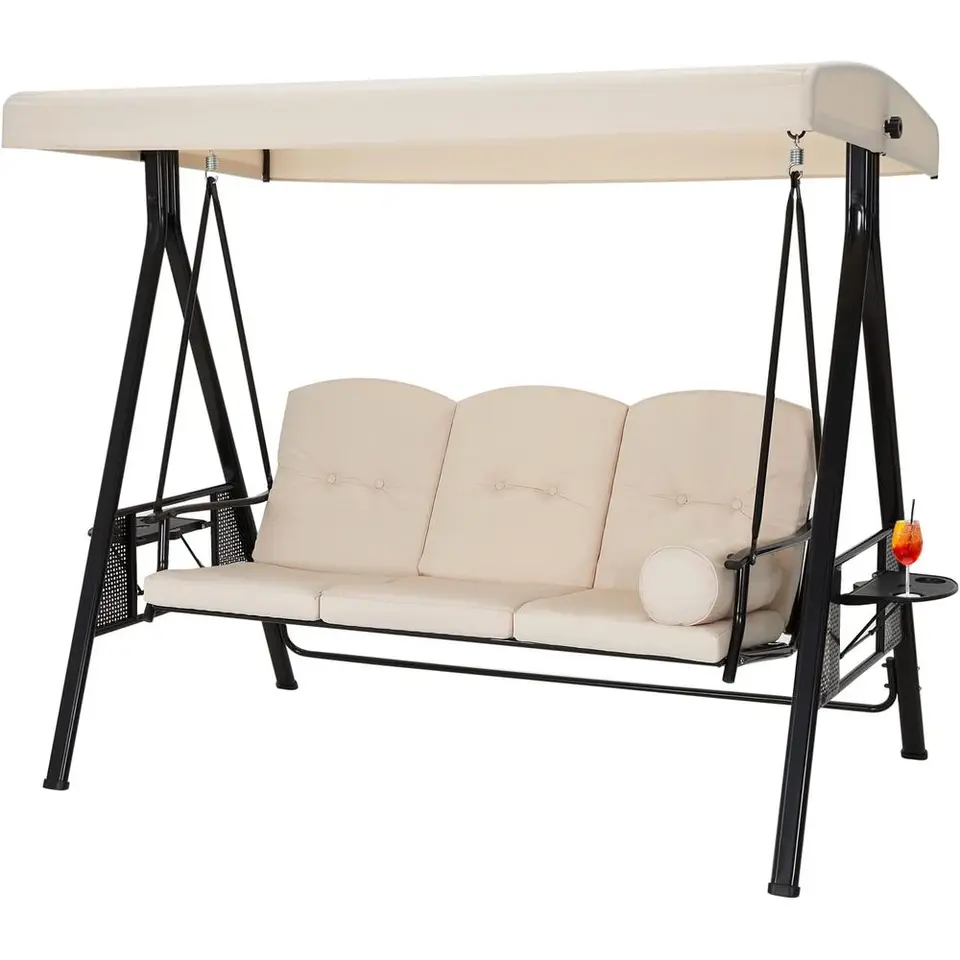 3-Seat Outdoor Adjustable Porch Swing with Cushions