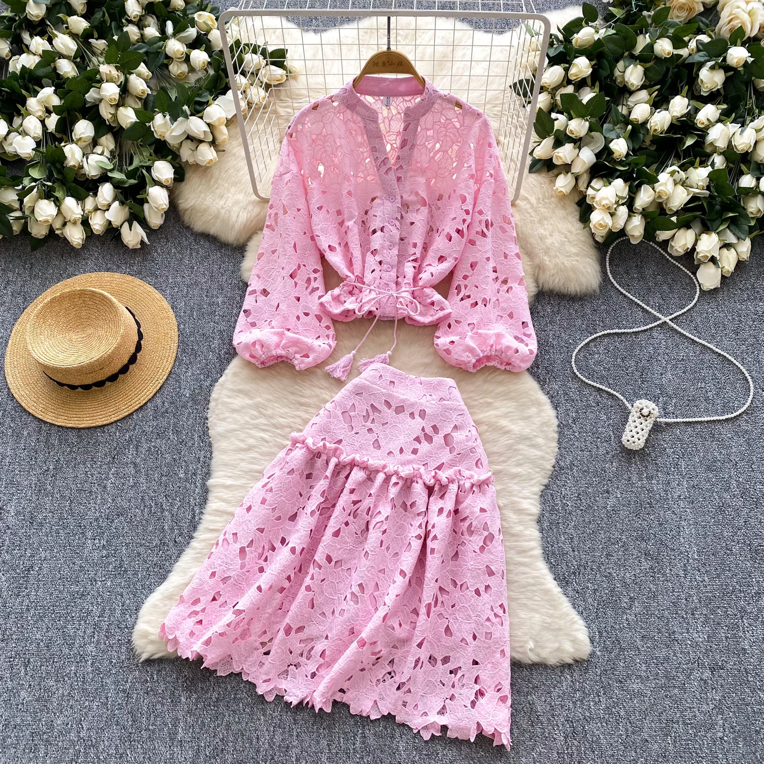

Women Summer sweet hollow out lace Fashion Set Top hotsweet Casual Two Piece Set mini dress