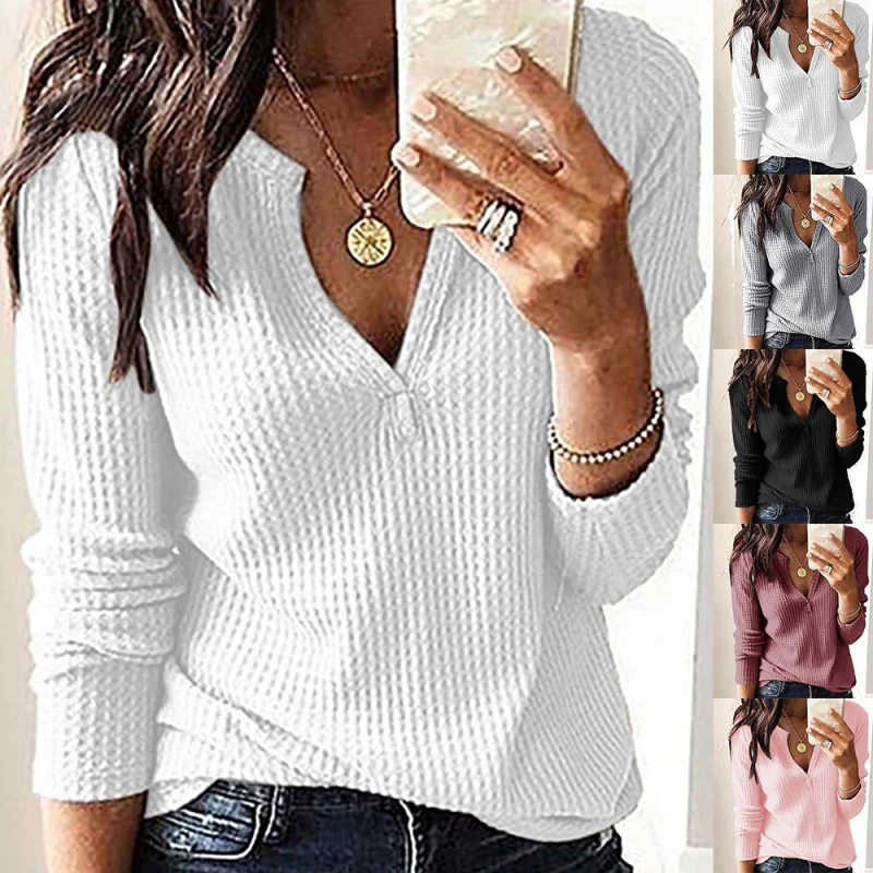 Womens Autumn Winter V-Neck Long Sleeve Tops Pullover Ladies Casual Loose Shirts Blouse Female Jumper Clothing