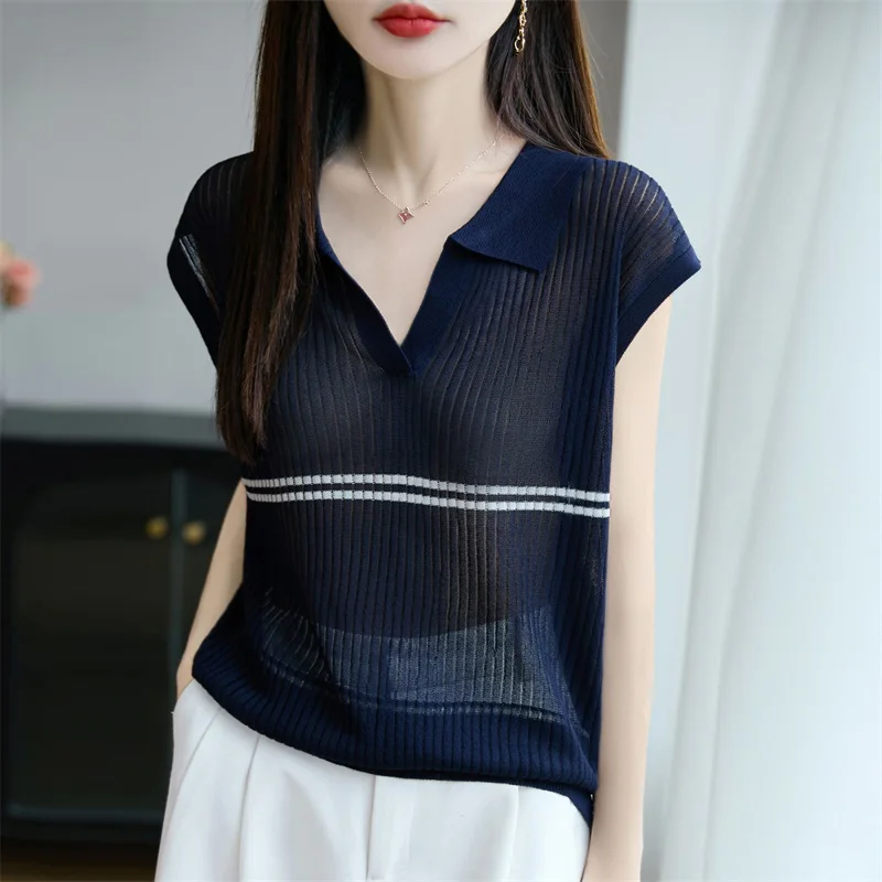 Korean Style Minimalist Polo Collar Knitted Sleeveless Vest For Women, Summer 2025 New Versatile Micro Transparent Slim Fit Tops
