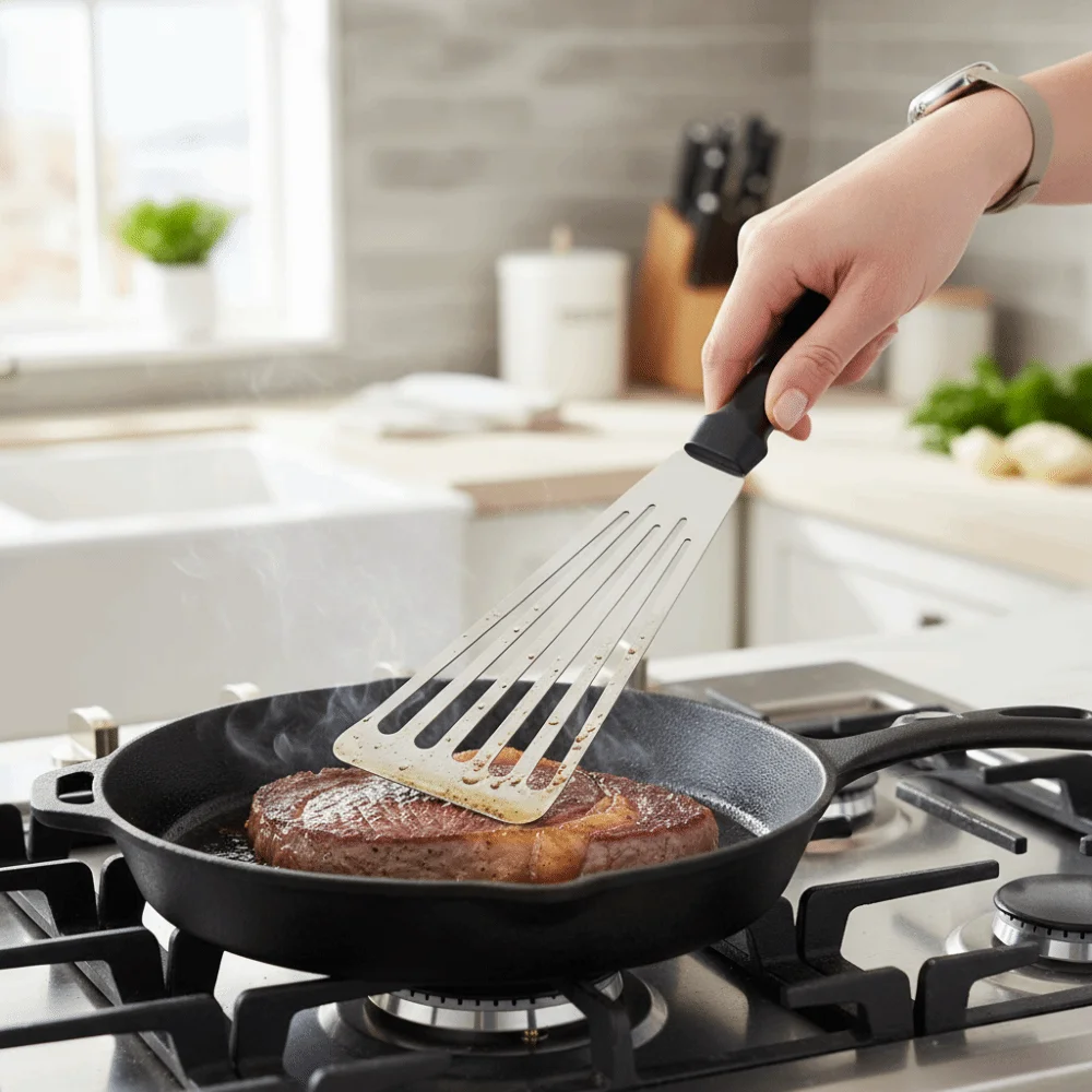 

Stainless Steel Fish Frying Spatula Non Stick Slanted Edge Design Frying Turner Household Rust Proof BBQ Spatula Teppanyaki