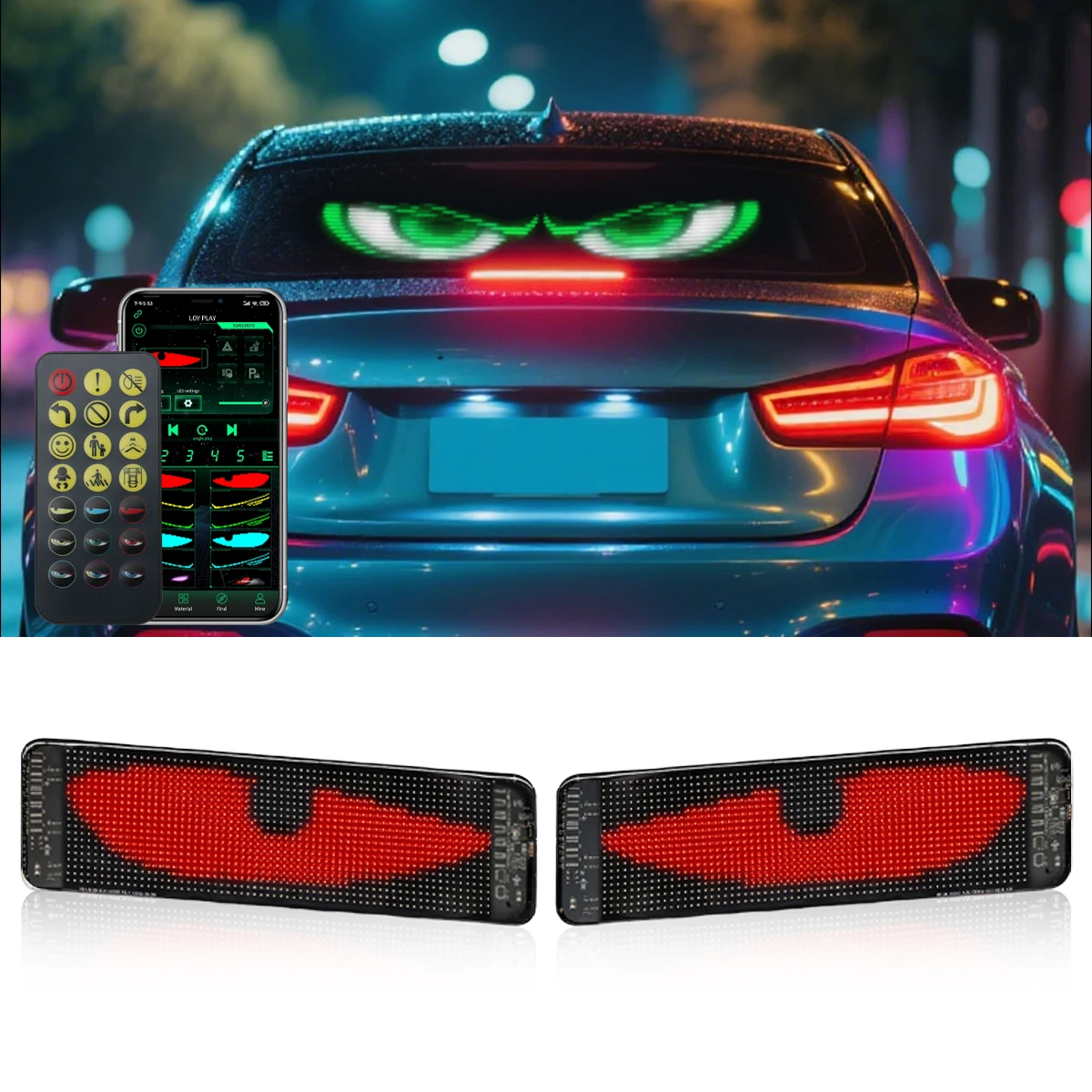 

2 in 1 Truck Car Devil Eye LED Pixel Panel Light Flexible Windshield LED Screen Remote Control USB Ambient LED Light APP