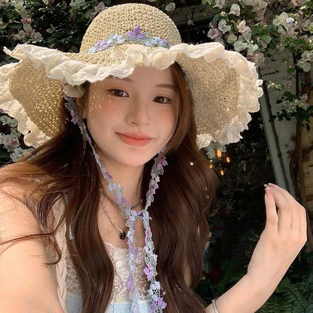 

Breathable Vacation Beach Cap with Garland Lightweight Big Brimmed Straw Hat Sunshade Topi Sombrero Woven Sun Cap Fashion Show