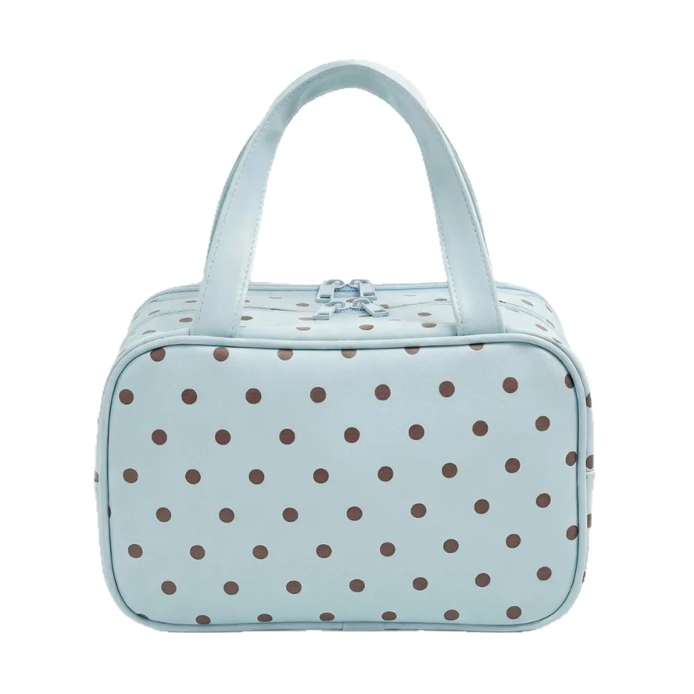 Multifunctional Polka Dot Makeup Bag Large Capacity with Handle Cosmetic Bag Three-layered PU Travel Toiletry Bag