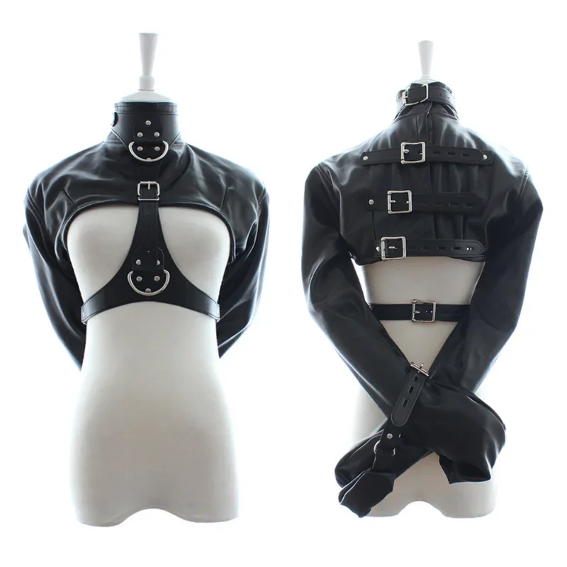 Female BDSM Bondage Breast Exposed  PU Leather Straitjacket Restraint Body Harness Jacket Long Sleeves Play Flirting Women