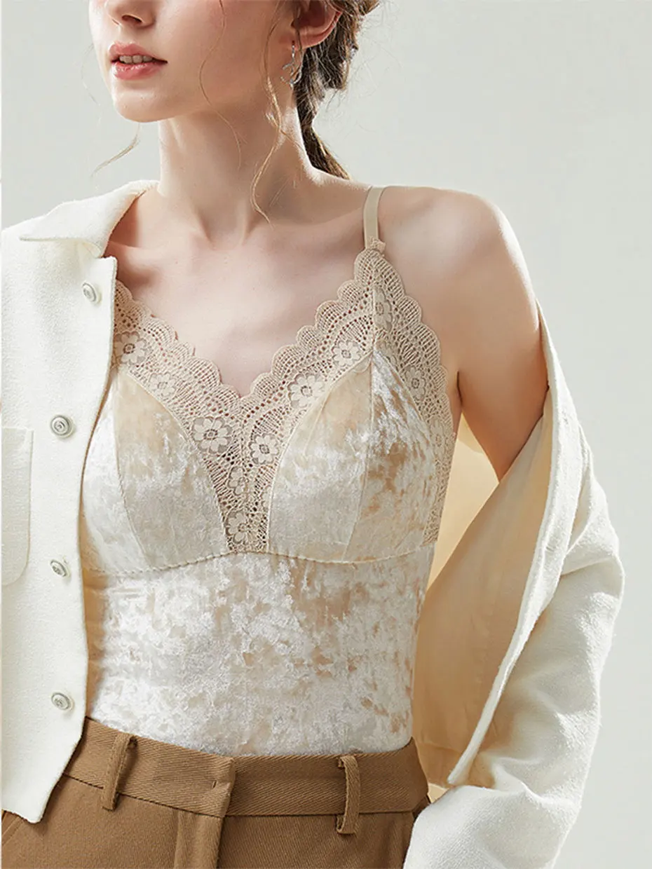 Gold Velvet Small Strap Vest Women's Inner Wear Autumn Winter Warm Underwear with Chest Pad Integrated Lace Base V-neck Top