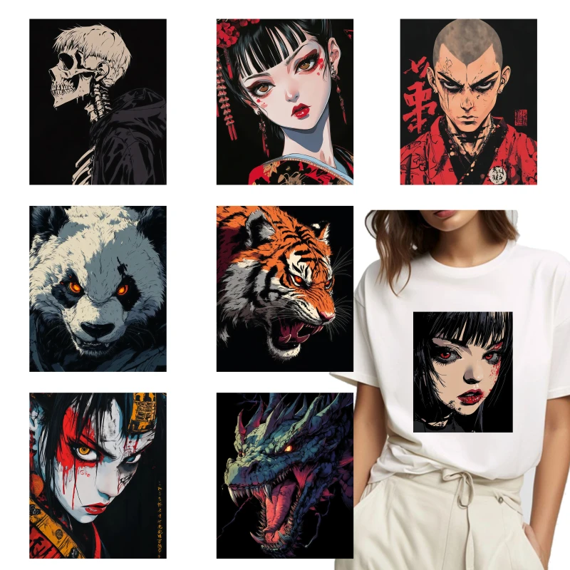 Anime Heat Transfer Patches Iron On Stickers for Clothes Skull/Girl/Tiger/Dragon Graphic DIY Thermal Decals for T-shirts Hoodies