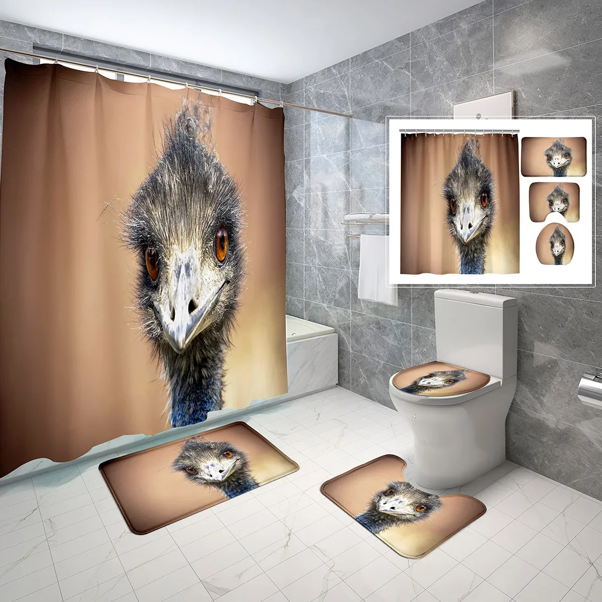 4 Pcs Ostrich Shower Curtain Sets Wildlife Macro Plumage Animal Non-Slip Bath Mat Waterproof Shower Curtain Toilet Cover Sets