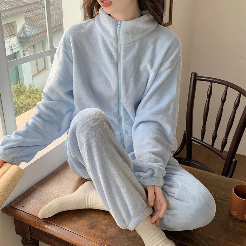 

Thickened Long Sleeve Zipper Nightgown Women's Sleepwear Milk Velvet Flannel Set Pure Color Leisure Home Clothes Winter Style