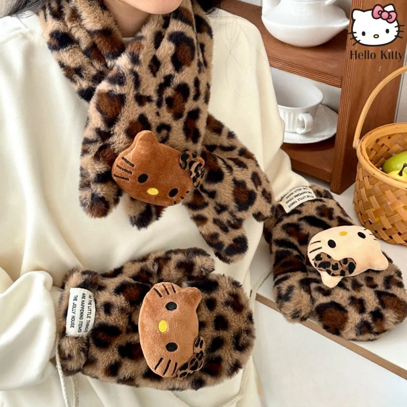 Sanrio Hello Kitty Earmuff Scarf Winter Warm Earmuffs Cartoon Leopard Print Anime Outdoor Cold Protection Earmuff Scarf Gifts