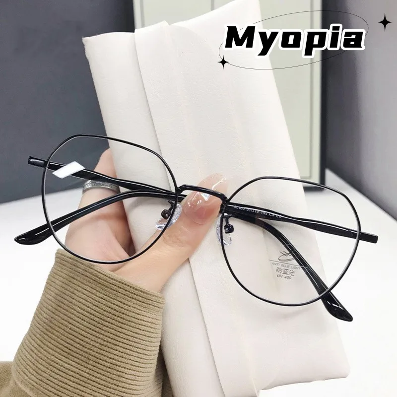 

High Quality Metal Frame Myopia Glasses Fashion Anti Blue Minus Diopter Eyeglasses Ladies Ultralight Round Computer Eyewear