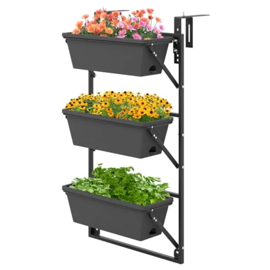 3-Tier Vertical Hanging Planter For Indoor Outdoor Rail Use, Metal With Powder-Coated Finish, Black, Adjustable Hooks And Auto-